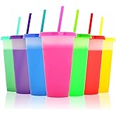FIEKEICC Color Changing Cups with Lids and Straws,7Pcs 24oz Color Changing Tumblers,Reusable plastic tumblers with lids and straw Party Funny Tumbler Ice Cold Drinking Cup for Kids & Adults