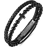 Mens Bracelet Christmas Gift for Men - Double-Row Black Braided Leather Bracelets for Men,Black Stainless Steel Cross Bible Verse Jewelry With Black Onyx Beads Bracelets Religious Gifts for Christian
