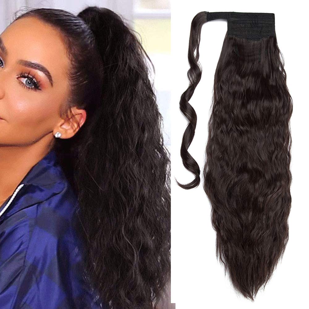 20 Inch Wrap Around Ponytail Extension Synthetic Magic Yaki Corn Wave Corn Wave Ponytail Ponytail Curly Hair - Dark Brown — image 1