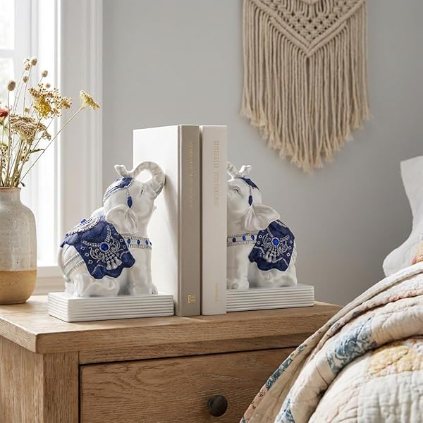 MXARLTR ELEPHANT BOOKENDS FOR SHELVES, DECORATIVE BOOKENDS, BOOK HOLDERS WITH ANTI-SLIP PAD FOR BOOK LOVERS HEAVY BOOK STOPPER FOR HOME OFFICE DECOR (BLUE&WHITE)