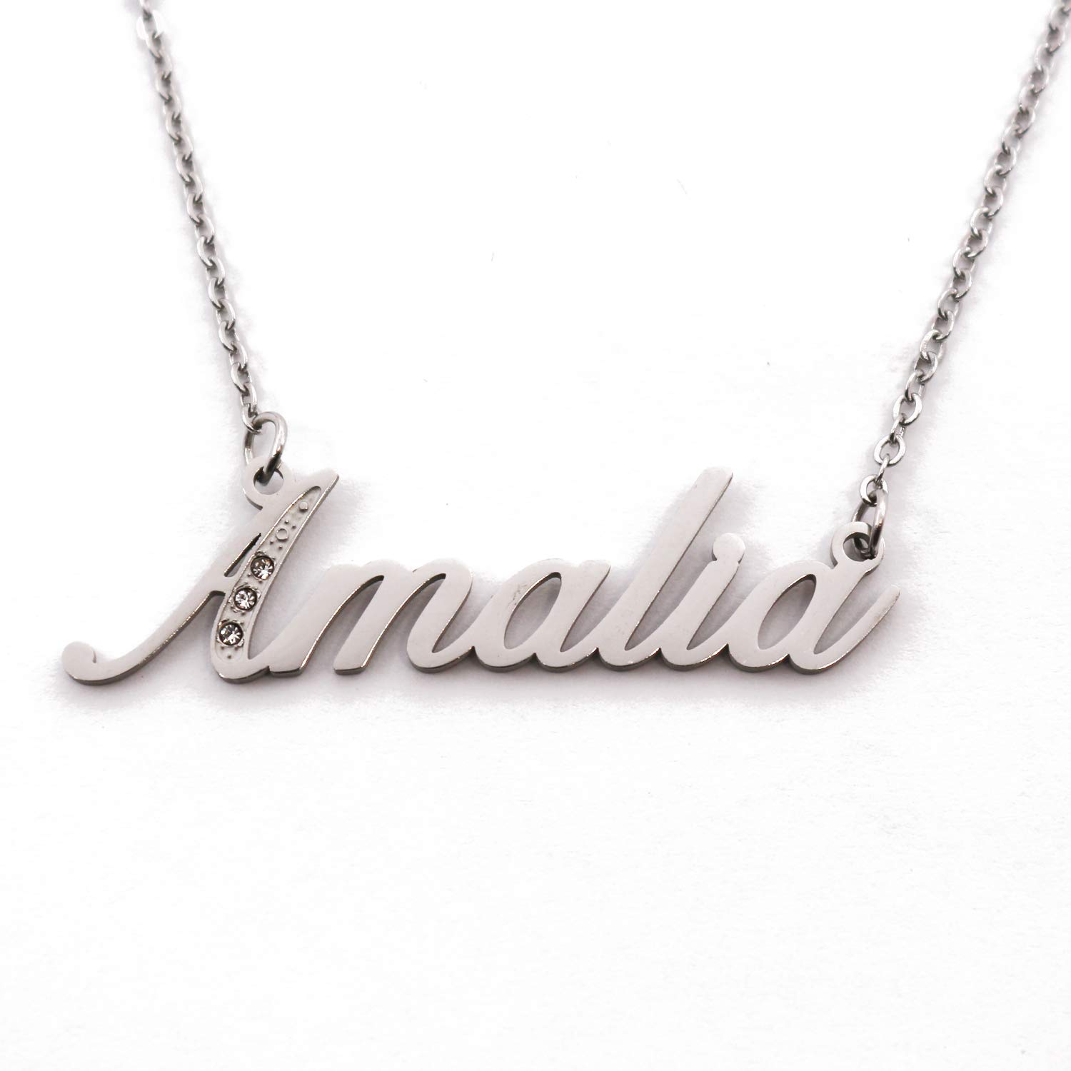 Amalia Italic Personalised Name Necklace With Cubic Zirconia Silver Tone , Custom Dainty Name Pendants, Jewellery for Ladies, Girlfriend, Mother, Sister, Friends