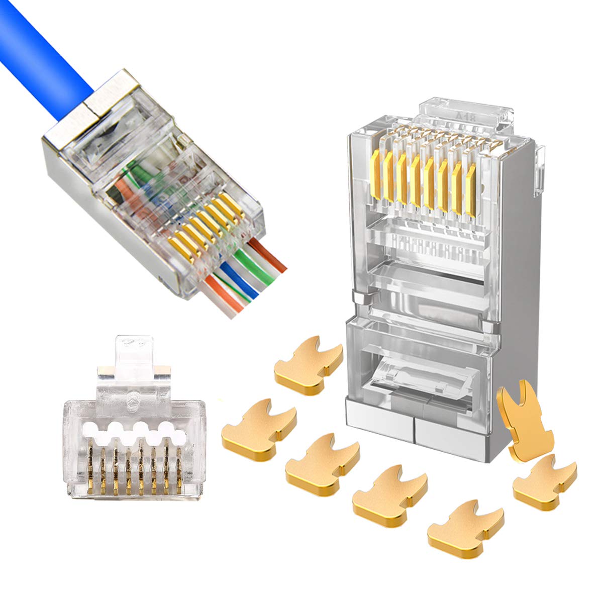 PETECHTOOL 20 Pack RJ45 Cat6a Cat6 Connector for 23 AWG Gold Plated 8P8C Pass Through Shielded Modular Ends Plug