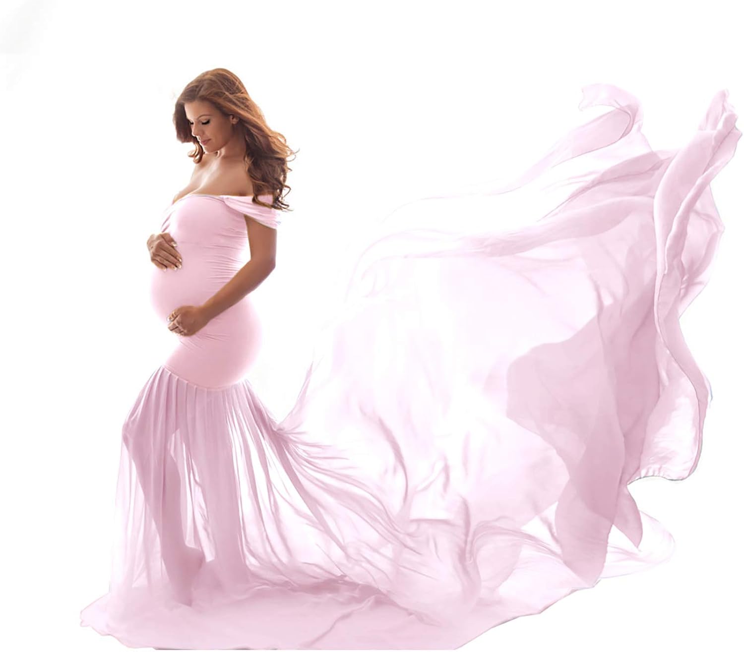 COSYOU Black Maternity Dress Off Shoulder Cotton Tops with Long Chiffon Train Maxi Dress for Maternity Shoot (Black, One Size) at  Women’s Clothing store