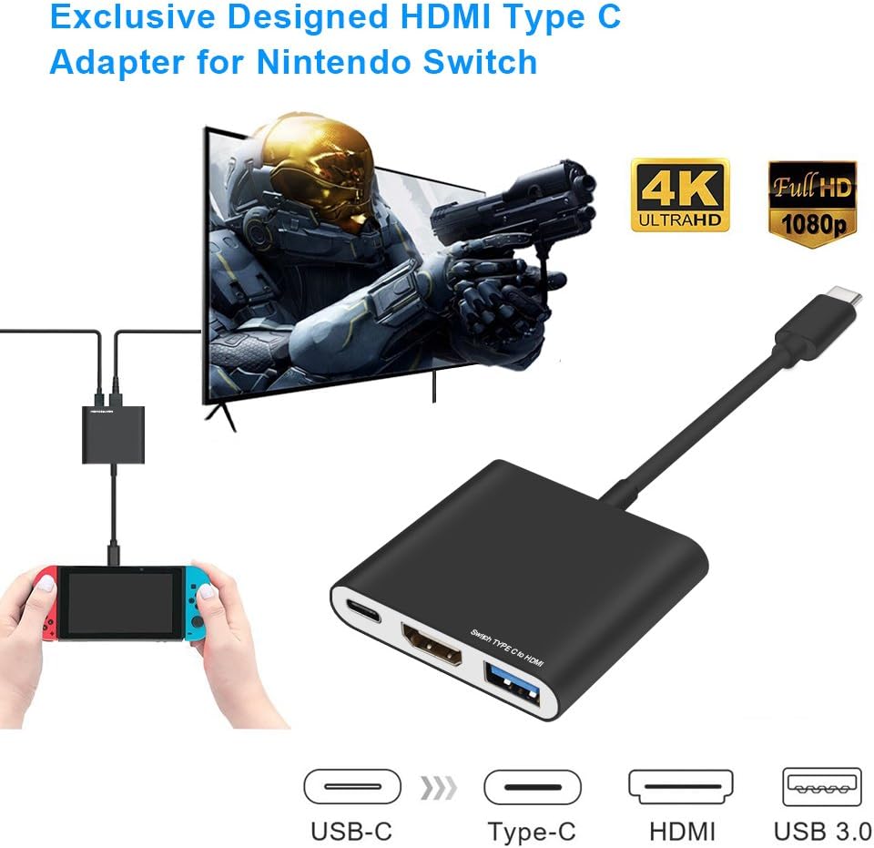 Nintendo Switch Dock, USB Type-C to HDMI Adapter for Nintendo Switch Type C Male to HDMI/ USB 3.0 / Type-C Female Charging Port Converter Cable Hub for MacBook Pro, Samsung Galaxy S8 / S8 PLUS
