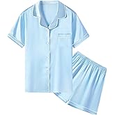 Umeyda Women & Girls Pajamas Set, Soft Satin Lightweight Silk Button-Down Top with Shorts 2 Piece PJS for Mom Boys Kids Gifts