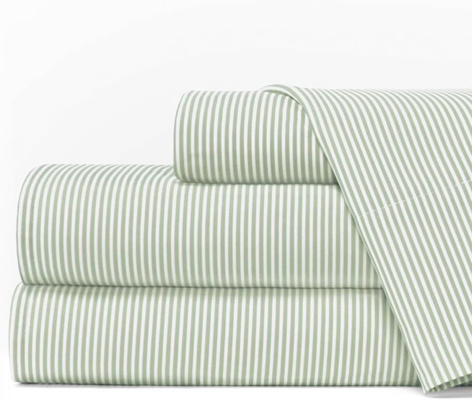 Egyptian Luxury 1600 Series Hotel Collection Pinstripe Pattern Bed Sheet Set - Deep Pockets, Wrinkle and Fade Resistant, Hypoallergenic Sheet and Pillowcase Set - King, Sage-White