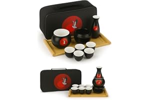 Japanese Sake Cup Set with 6 Ceramic Cups, 1 Ceramic Sake Bottle, 1 Ceramic Sake Warmer, Bamboo Tray, and Cloth Carrying Case