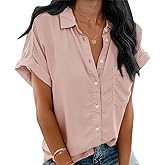 Beautife Womens V Neck Button Down Shirt Loose Casual Summer Short Sleeve Top Blouses with Pockets