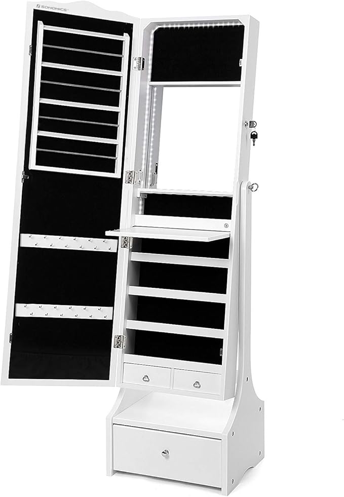 SONGMICS Jewellery with LED Lights, Lockable Mirrored