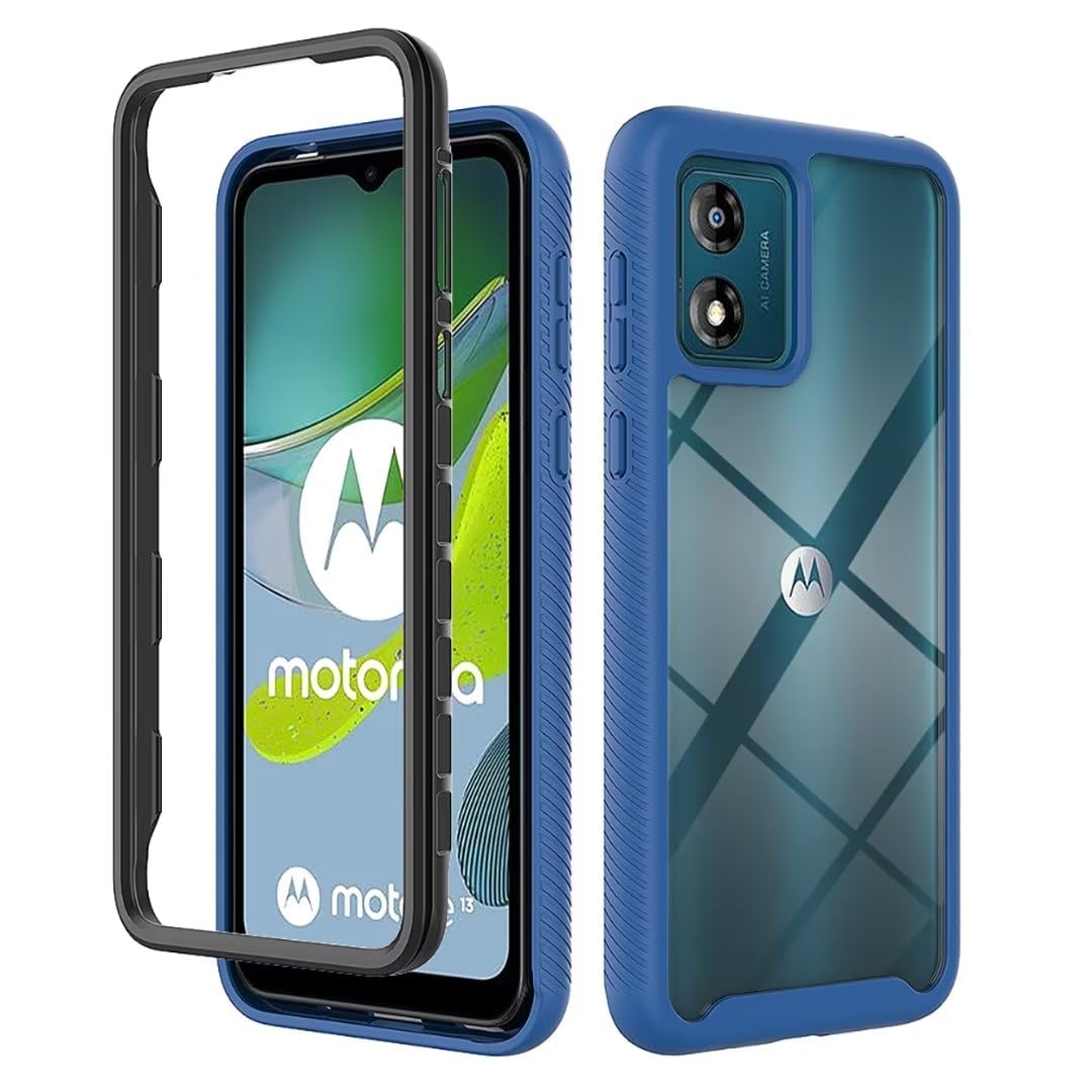 COMAKU Motorola Moto E13 Case, Double-Layer Hybrid Transparent PC + TPU Silicone Cover, Clear Back Shockproof Bumper Case for Motorola Moto E13 - Blue