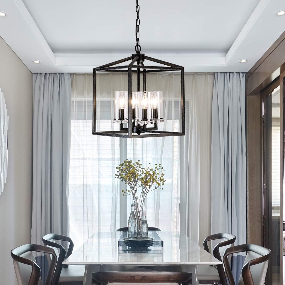 Industrial Metal Modern Lanten Chandelier Lighting Fixture 4 Clear Glass Shades for Dining Room, Kitchen, Living Room, Antique Black