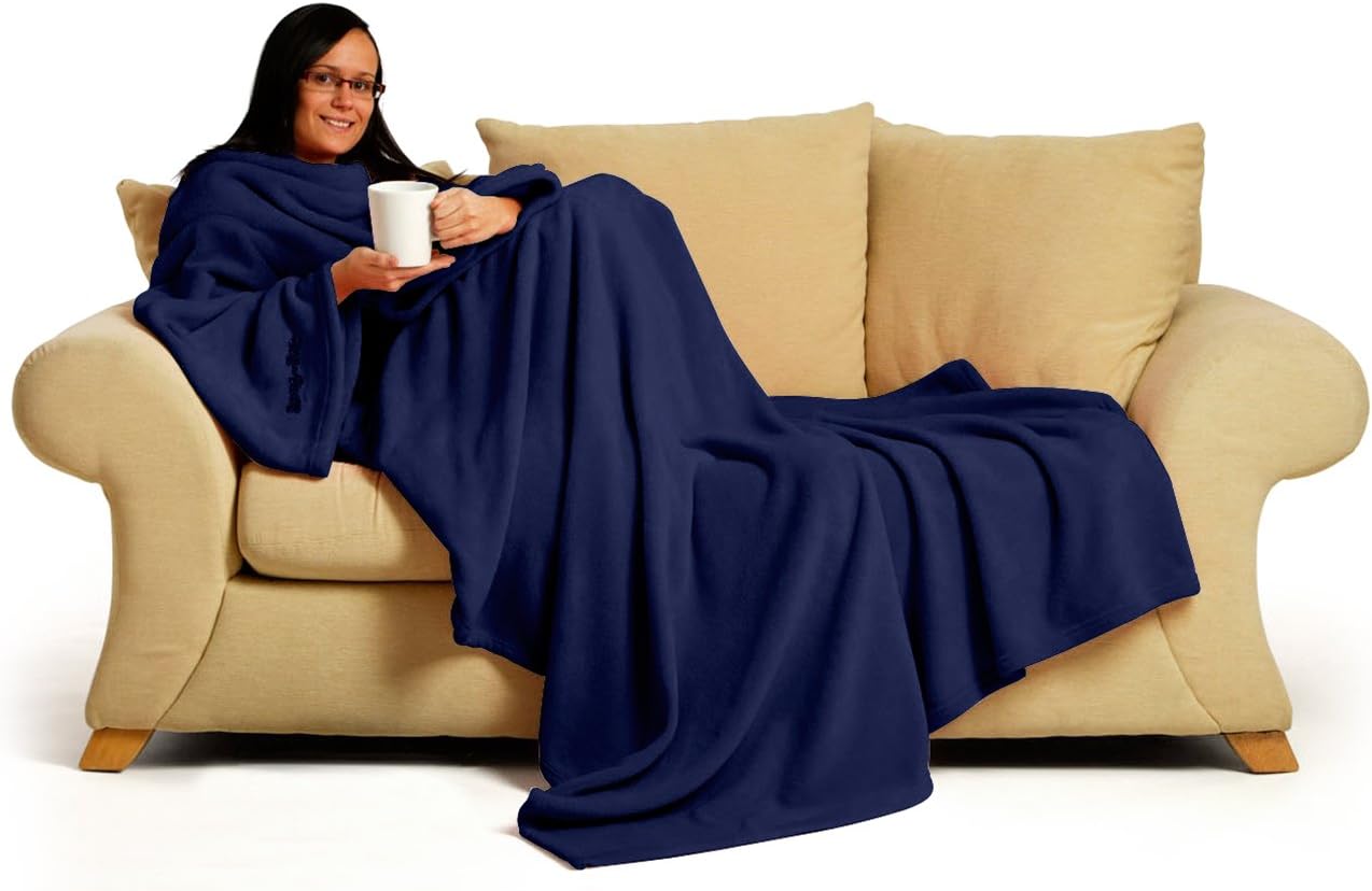 Snug Rug DELUXE Blanket With Sleeves Sleeved Blankets Luxury Cosy Super Soft Coral Fleece Fabric Long Oversized with Pouch Pocket Adults Size (Navy Blue)