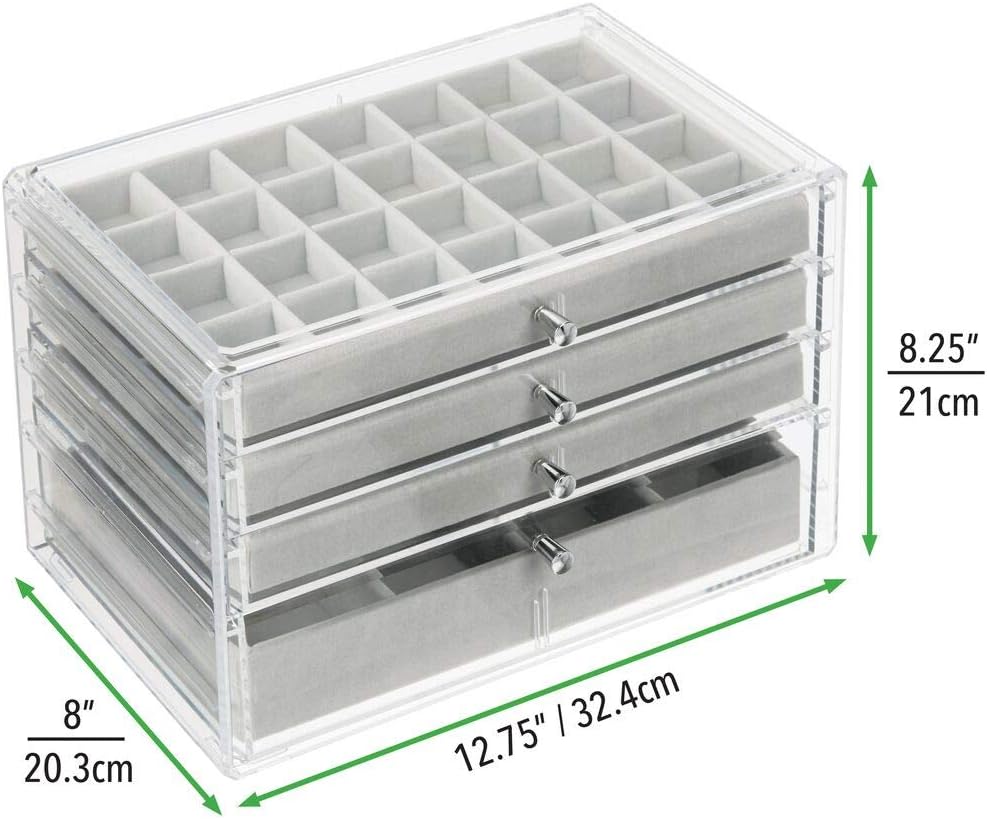 mDesign Plastic 4-Drawer Jewelry Box - Removable Divided Organizer Trays for Storage on Dresser, Vanity, Countertop - Holds Earrings, Bracelets, Necklaces, Bangles, Rings - Clear/Gray: Home & Kitchen
