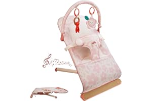 Tiny Marvels Baby Bouncer, 3-Point Harness Baby Bouncer Seat for Newborn Toddler, Portable Baby Rocking Chair with Sensory Toys and Music, Compact & Portable Baby Bouncers Chair (Pink Floral)