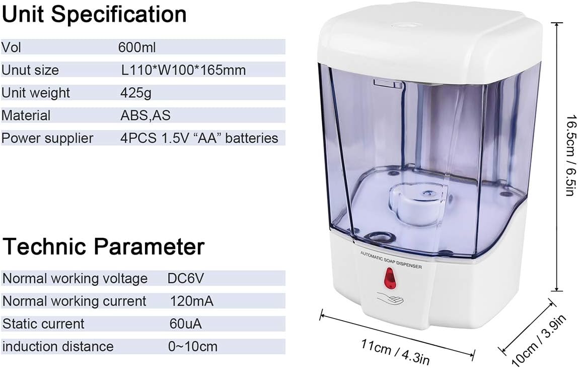 Automatic Soap Dispenser Sunsbell Wall-Mounted Sensor Soap Dispenser - Battery Powered Senor Pump for Kitchen/Bathroom (600ML-S01): Home & Kitchen