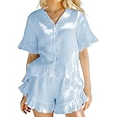 Xfileen Women Fashion 2 Piece Sets Summer Short Sleeve Button Down Ruffle Trim Top and Casual Shorts Set Cotton Pajamas,Blue,2XL