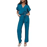 PRETTYGARDEN Women's One Piece Jumpsuits Dressy Casual Summer Short Sleeve Wrap V Neck Wide Leg Pants Romper Spring Clothes
