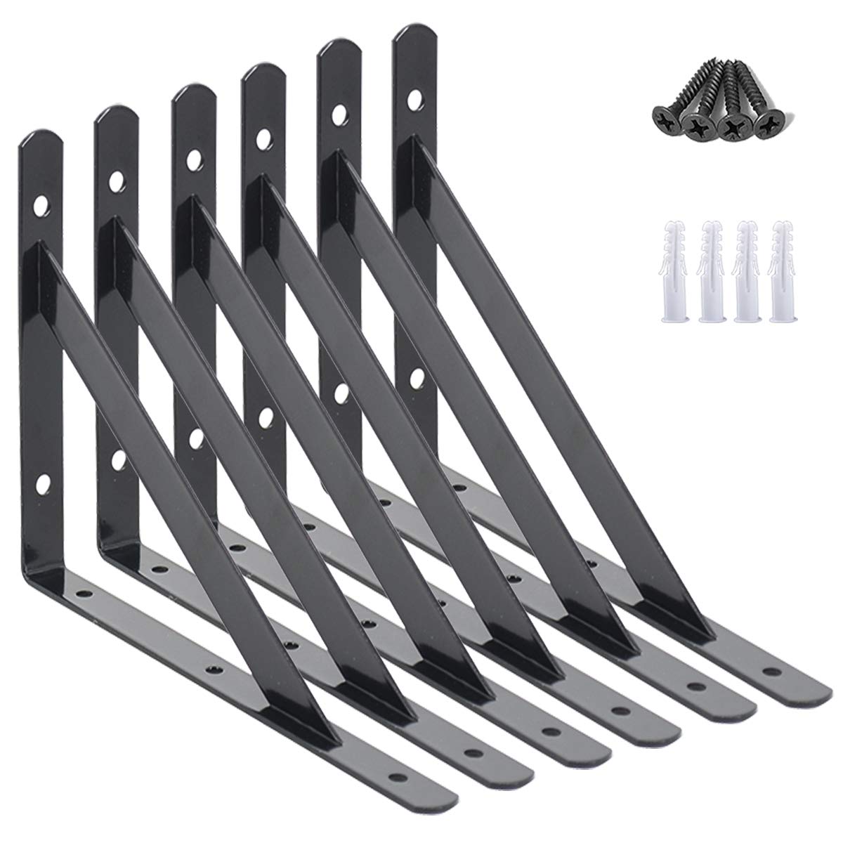 AddGrace Shelf Brackets Heavy Duty Triangle Shelving Brackets 150x95mm Wall Mounted Metal Right Angle Shelf Support Screws Include (150x95mm/6x3.7inch) Black 6 Pack — image 1