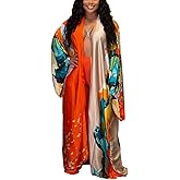 Hostoyo Women Satin Robe Kimono Cardigan Floral Print Open Front Long Sleeve Maxi Casual Outwear Cover Up One Size