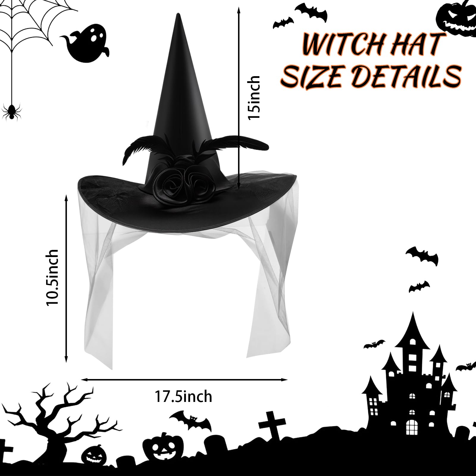 JUSTOTRY Halloween Witch Hat - Halloween Costume Witches Hats for Women attached with Roses & Feathers