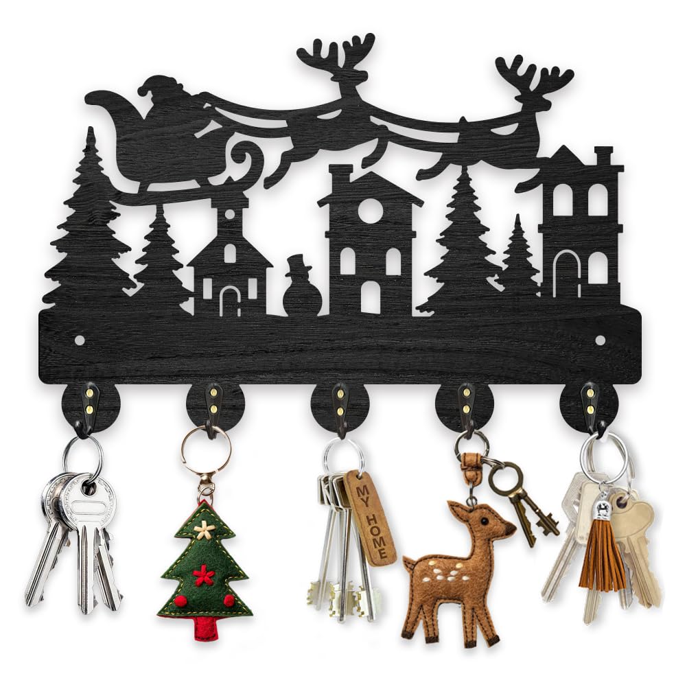 MAYJOYDIY Wood Christmas Sleigh Key Holder for Wall Forest Elk Santa Claus Key Hangers 30×20cm Christmas Ornament Hook 5 Alloy Hooks Christmas Decor Gifts Entryway Kitchen Bathroom Storage