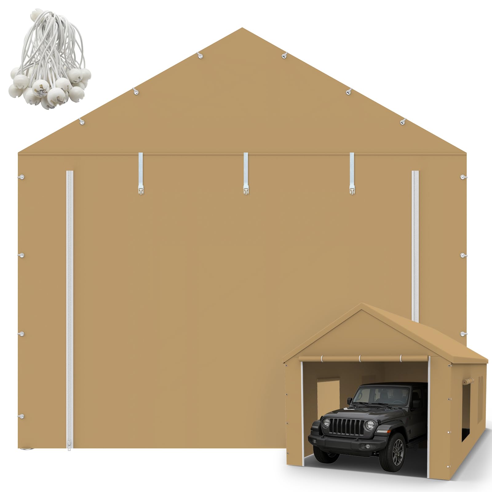 Photo 1 of 10x20FT Carport Canopy Front/Back Panel Entrance Door Tarp with Zippers, Waterproof & UV Protected Replacement Sidewall Cover with Ball Bungees (Beige)