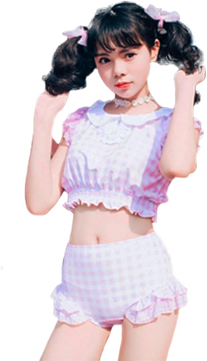 Amazon アクアランド Aqualand かわいい襟付きギンガムチェック水着 ピンク ブラック タンキニ ビキニ 体型カバー フリル Xl ピンク ビキニ セパレーツ 通販