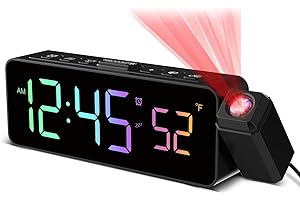 Netzu Projection Alarm Clock for Bedroom Ceiling, Small Compact Plug-in Digital Clocks with 180° Rotatable Projector, Temperature 4 Levels Birghtness, 3 Volumes and Snooze (RGB)