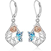 Butterfly Earrings for Women Sterling Silver Flower Filigree Blue Butterfly Dangle Earrings Cute Dainty Butterflies Jewelry Charms Valentines Christmas Mothers Day Gifts