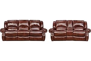 Hanover Aspen 2-Piece Indoor Furniture Set with Deep-Seating Double-Reclining Sofa and Gliding Console Loveseat, 100% Genuine Leather Space Saving Couches for Living Room or Man Cave in Oxblood