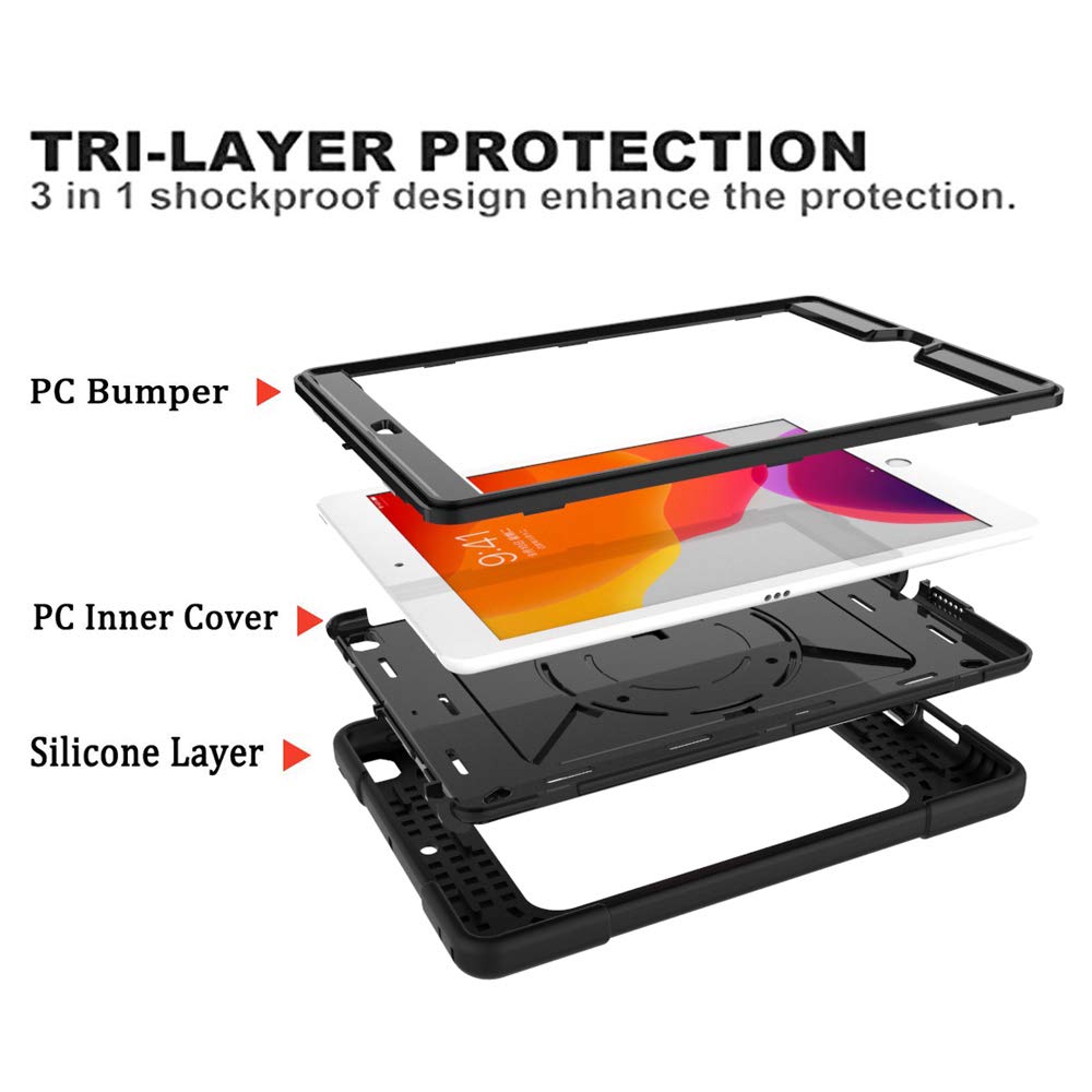 Junfire New iPad 10.2 Case/iPad 7th Generation Case,Shockproof Heavy Duty Protective Rugged Case with Pencil Holder,Stand,Hand Strap,and Shoulder Strap for 10.2 inch Cases A2197/A2198/A2200