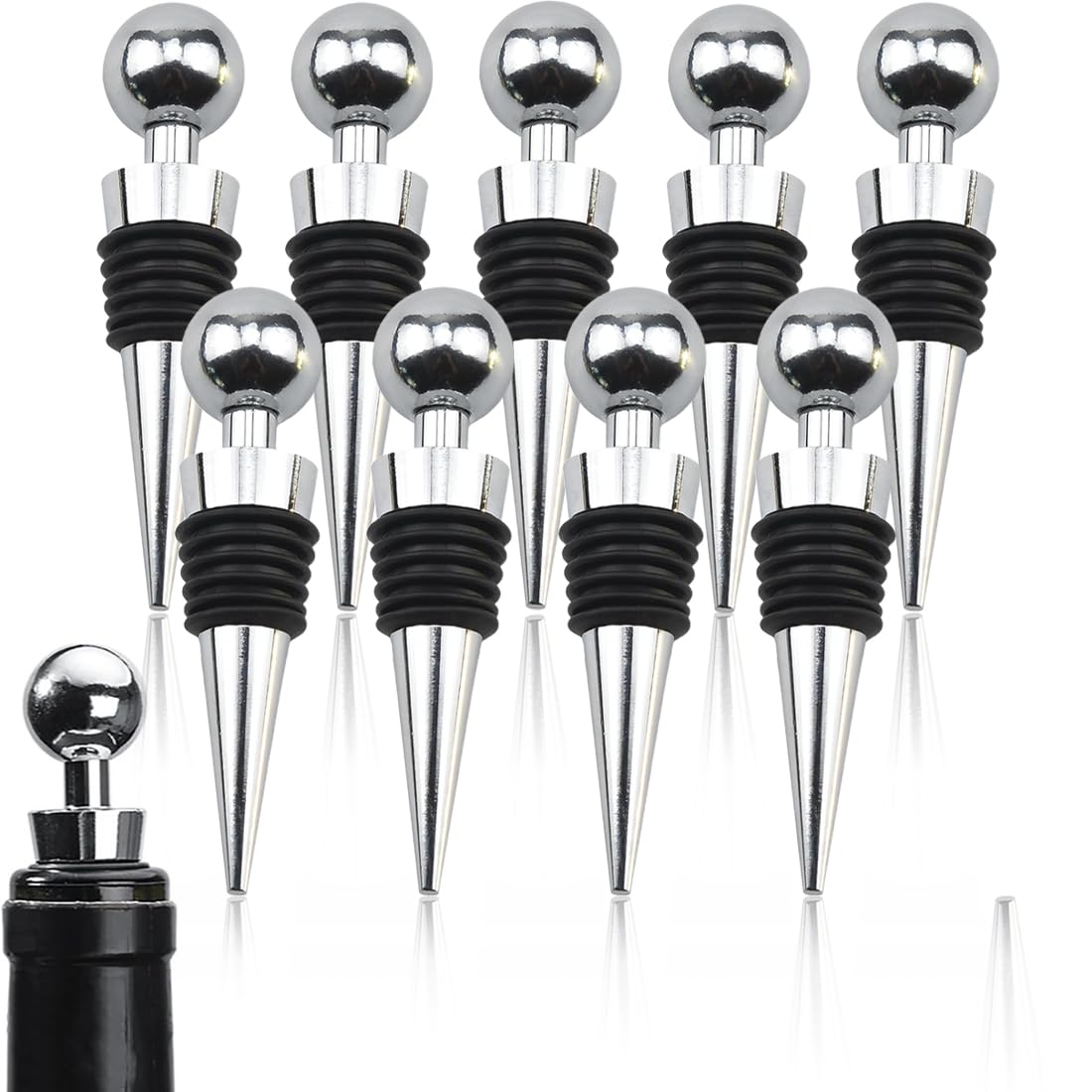 Wine Bottle Stoppers, 10 PCS Reusable Bottle Saver Sealer Wine Corks, Stainless Steel Champagne Stoppers, for Wine Champagne Prosecco Beer Spirits Collection, Bottle Saver Sealer