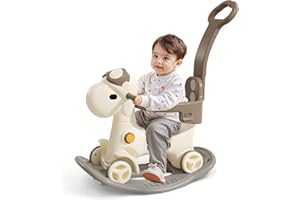 LLPARTY 4 in 1 Rocking Horse for Toddlers 1-3 Years Old, Baby Rocking Toy Fun Birthday Gift for 1+ Kids, Ride on Toy with Guard Rails, Detachable Balance Board and Footrest with Push Handle (Brown)