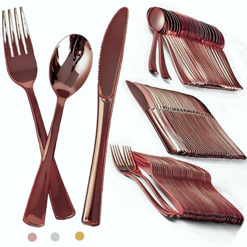 KFBGKKF Cubiertos Reutilizables, Vajilla Elegante Reutilizable de150PCS, 50 Tenedores, 50 Cuchillos y 50 Cucharas Elegantes, para Cumpleaños, Banquetes, Reuniones, Fiesta, Bodas, para 50 Invitados