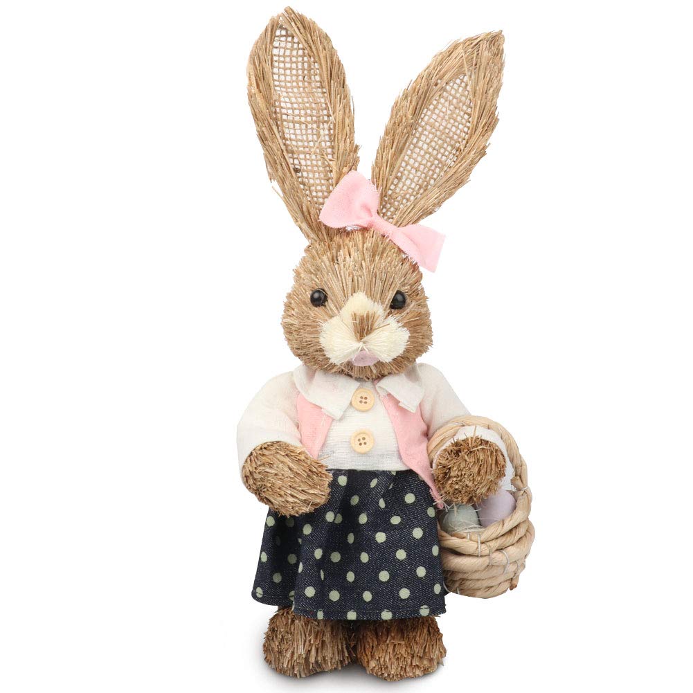 BSMEAN Easter Bunny Decoration, Cute Straw Rabbit Bunny Easter Decorations Home Holiday Rabbit Ornaments Handmade Standing Bunny Figure Easter Party Photography Props