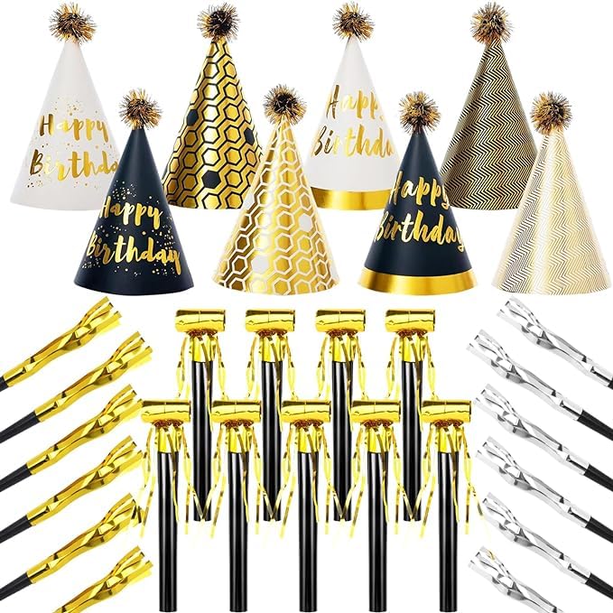 Photo 1 of JOYEONDEF 30 Pcs Gold Birthday Party Hats Gold Cone Hats Includes 8 Birthday Paper Hats and 22 Noise Makers (Black and gold suit)