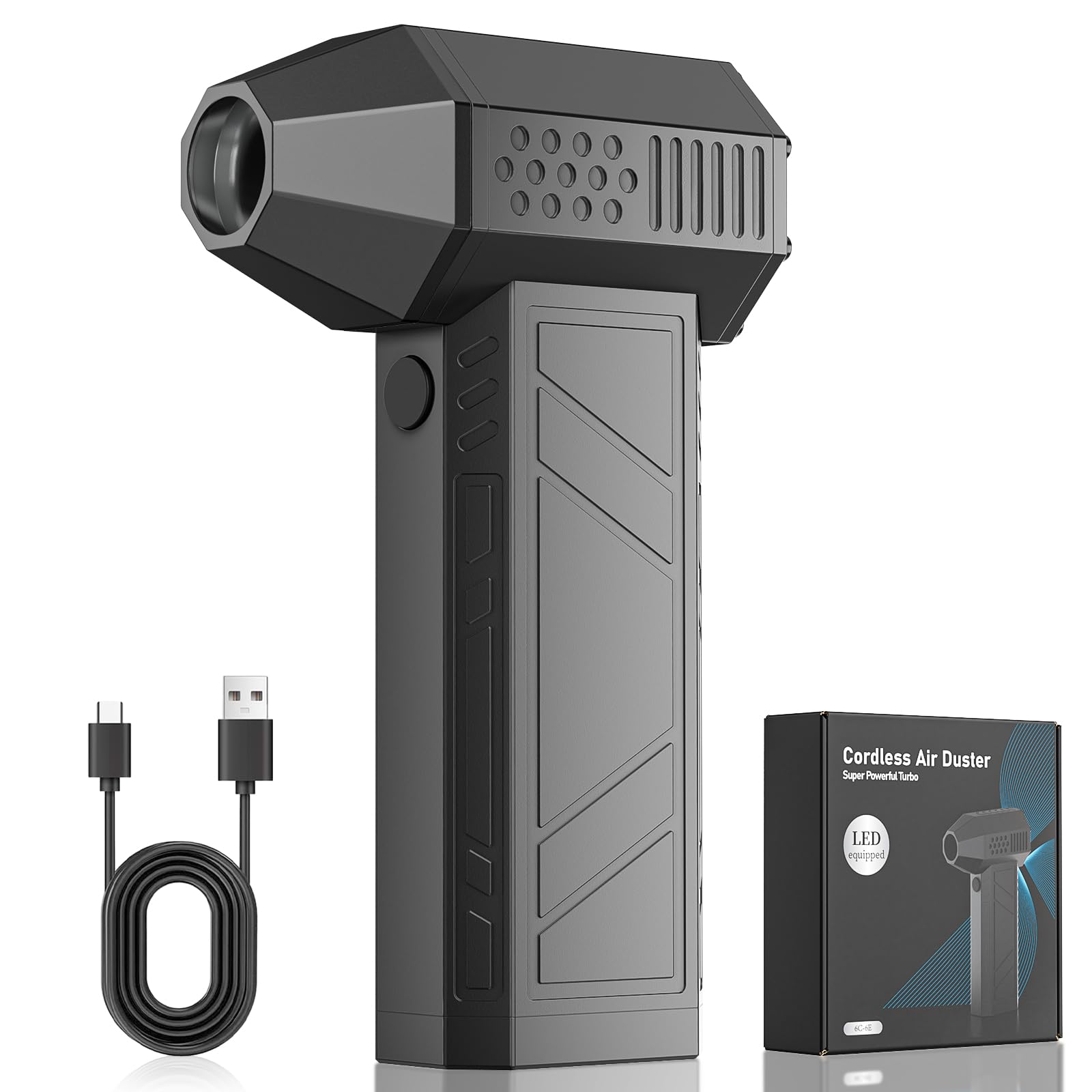 KOJIHOMU エアダスター ブロワー 洗車 【超小型で爆風】電動エアダスター 4段階風量調整 超強力 最大風速52m/s 5000mAh大容量バッテリー 充電式 エアダスター LEDライト付き PC掃除/空気入れ/キーボード/エアコン/洗車用 TypeC急速充電 (ブラック)商品画像