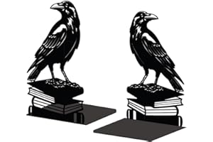 Peacoblue Metal Bookends for Shelves, Modern Decorative Heavy Duty Study Book Support Stoppers for Office, Desk, Shelf, Room 5.3"x4.3"x7.9" Cast Iron Simple Tall Bookends, 1 Pair (Crow on Book Stack)