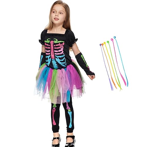 Aleshime Girls Funky Punky Bones Costumes, Rainbow Skeleton Costume Girls Halloween Funky Bones Costumes with 6 Pcs Hair Extensions