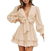 Dokotoo Wedding Guest Dresses for Women Fall Ruffle Elegant Long Sleeve Empire Waist Tie Knot Cute Chiffon Boho Beach Bohemian Swing A Line Mini Short Skater Dresses for Women Apricot US 8 10