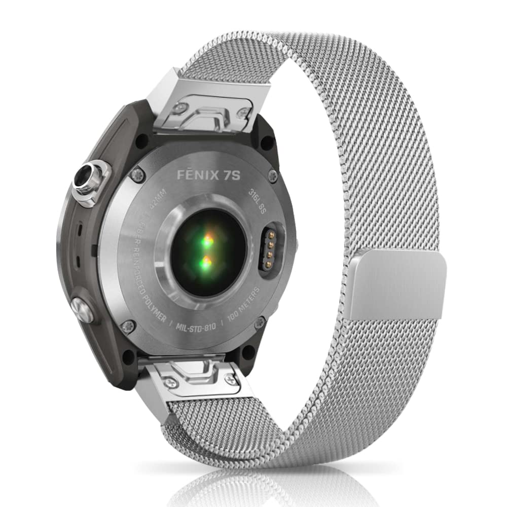 Niboow QuickFit 20mm Strap for Garmin Fenix 8 43mm/Fenix 7S Pro Solar/Epix 2 Pro 42mm, Stainless Steel Metal Watch Bands for Garmin Fenix 7S/Fenix 6S/6S Pro/5S/5S Plus/Garmin Descent Mk2S - Sliver
