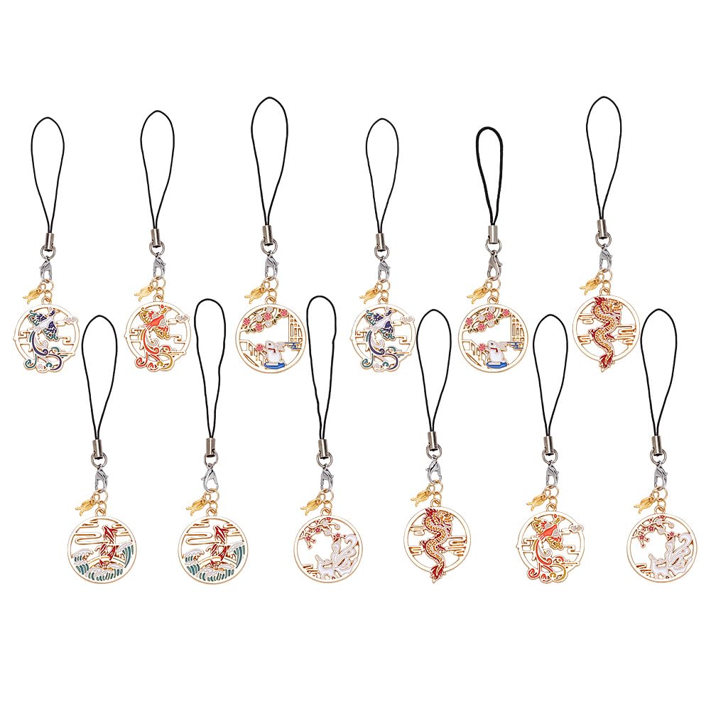 DELORIGIN 12pcs Chinese Style Phone Charms, 6 Styles Enamel Mobile Phone Straps Dragon Lanyard Charms Hanging Accessories for Keychain Phone Case Car Key Bag Backpack Purse Decoration