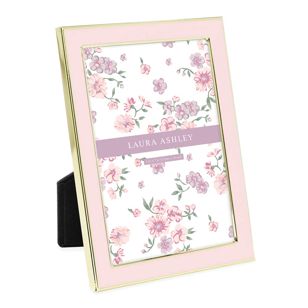 Laura Ashley 5x7 Pink Enamel Picture Frame, Gold Metal Edge with Easel, for Countertop, Counterspace, Tabletop Display, Bookshelf, Desk, Wall Décor, Photo Gallery