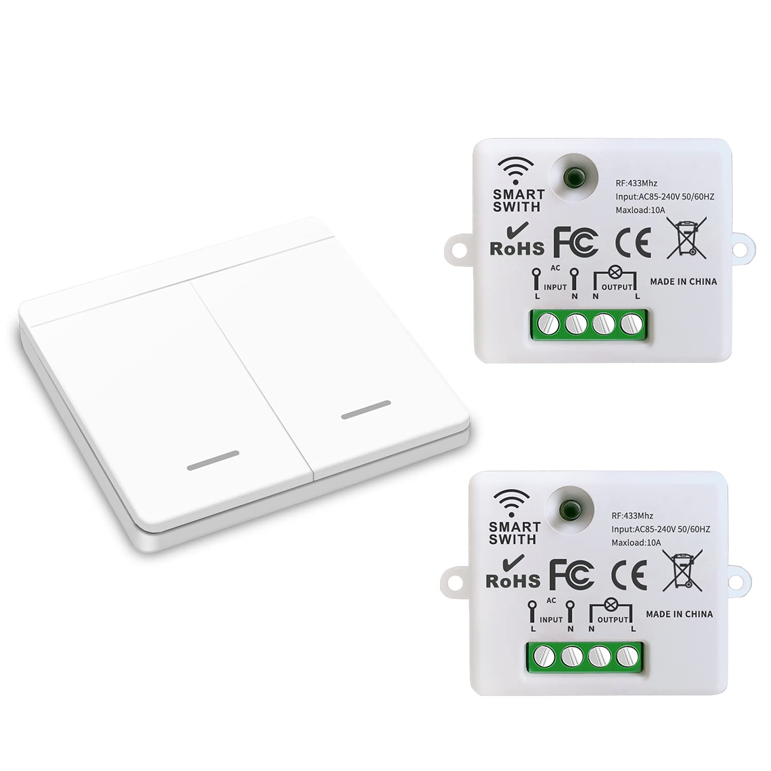 DieseRC Wireless Light Switch 86 Wall Panel RF Safety Switch and 10 Amp Relay Receiver Controller, No Wiring Easy Install, for Lights up to 1500W