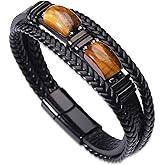 TOWAMOE Tiger Eye Leather Bracelet Men Natural Double Tiger Eye Stone Handmade Crystal Healing Protection Bracelets