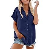 Womens Button Down Casual Shirts Cotton Short Sleeve Blouses Solid Summer Tops with Pocket