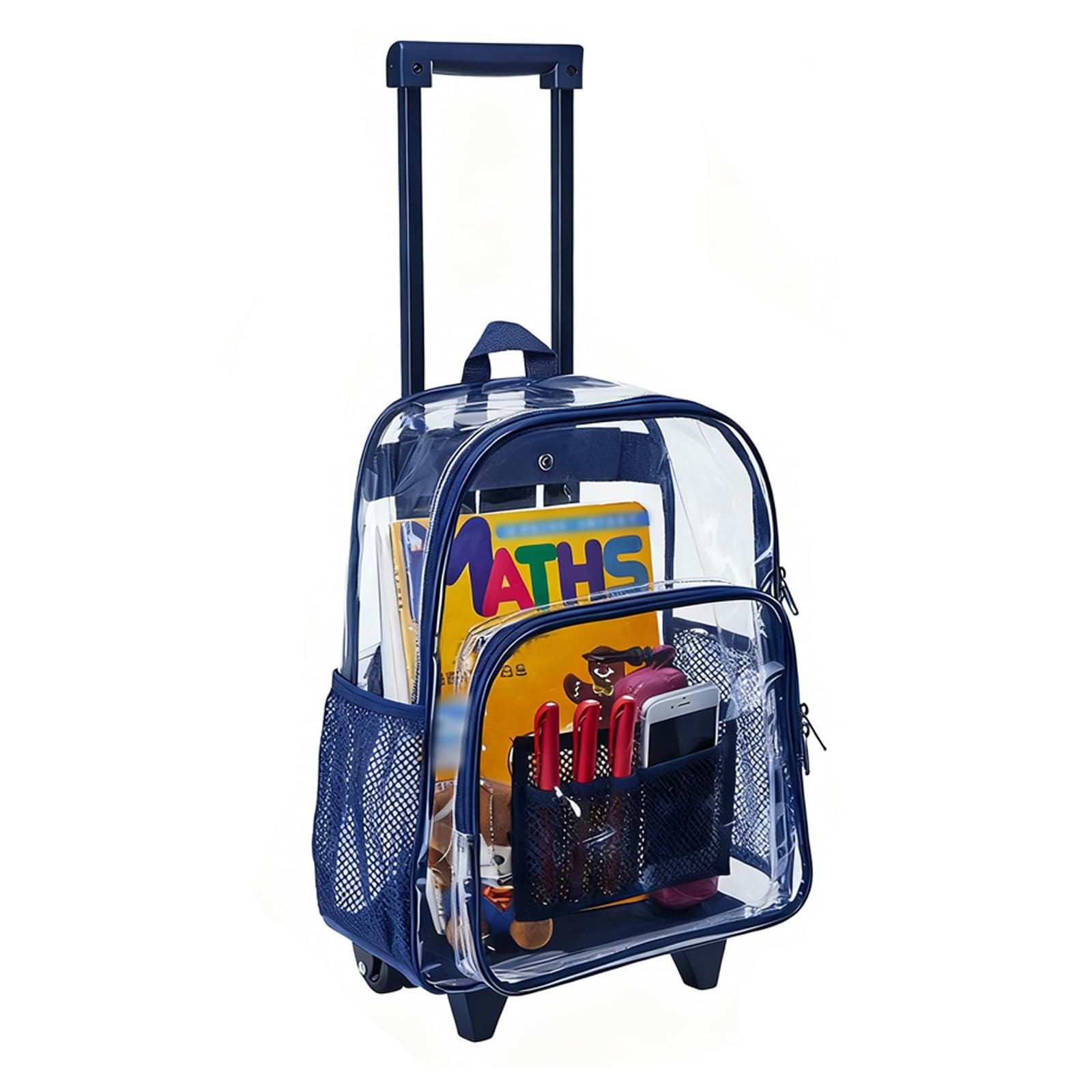 Photo 1 of Clearworld Rolling Clear Backpack, Heavy Duty Security Transparent PVC Backpack with Wheels,See Through Bookbag for College, Work, Travel(Dark Blue)