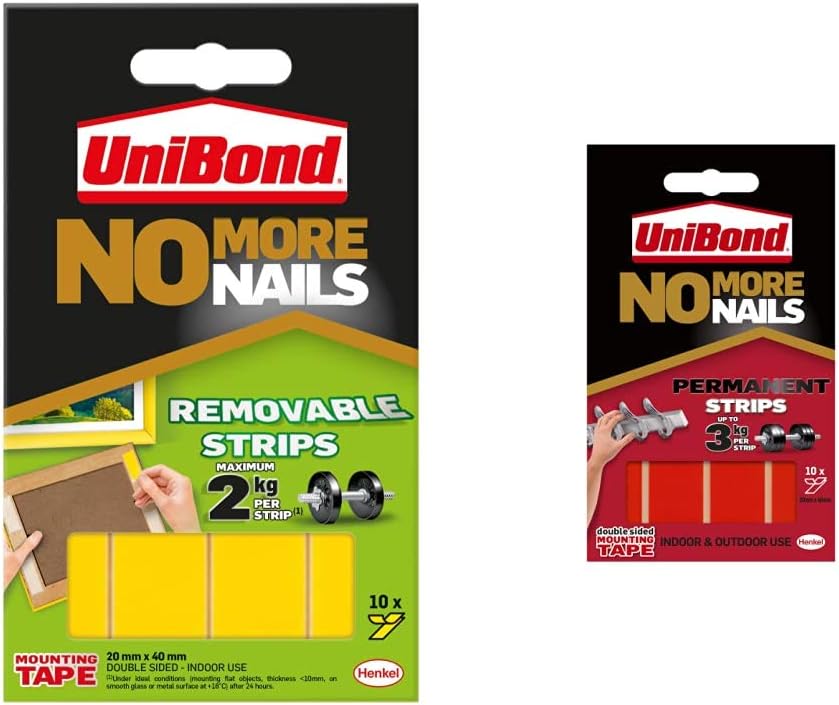 Unibond UNI781739 No More Nails Strip Ultra-strong Removable Translucent, Pack of 10 & No More Nails Permanent Strips, Double Sided Sticky Tape for Interior & Exterior Use, Waterproof Tape, Pack of 10