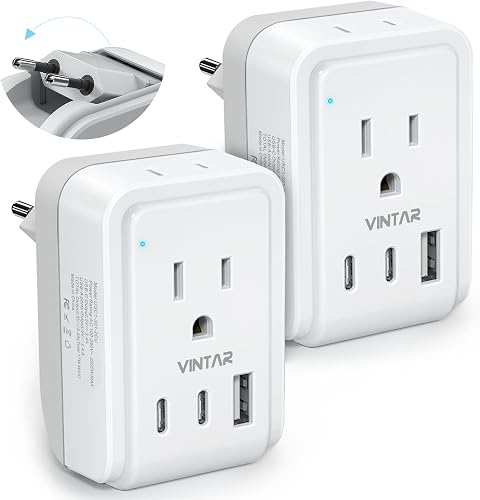 VINTAR 2 Pack European Plug Adapter, Foldable Type C Converter for Europe | 2 AC Outlets, 3 USB Ports (2 USB C), International Travel Essentials Charger for Canada to Europe Italy Greece Spain France