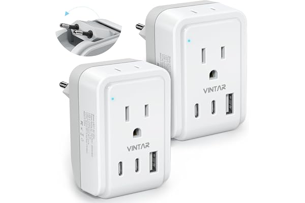 2 Pack European Travel Plug Adapter, VINTAR Foldable International Power Plug with 2 AC Outlets 3 USB Ports(2 USB C), Type C